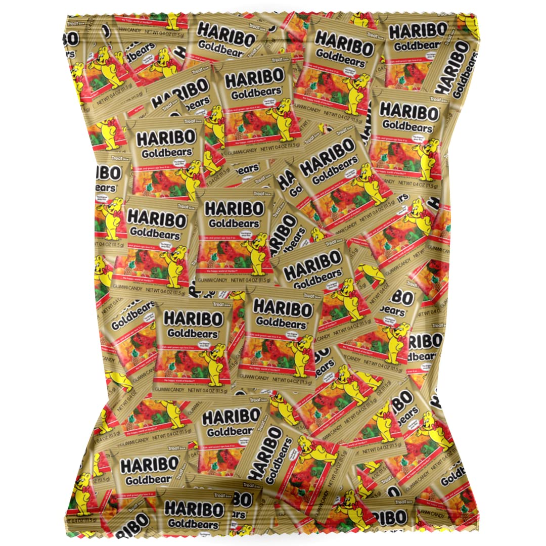 Tasmo Haribo Goldbears orange mini bag close-up showing bite-sized gummy bears for sharing.