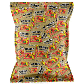 Tasmo Haribo Goldbears orange mini bag close-up showing bite-sized gummy bears for sharing.