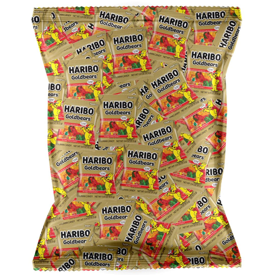 Tasmo Haribo Goldbears orange mini bag close-up showing bite-sized gummy bears for sharing.