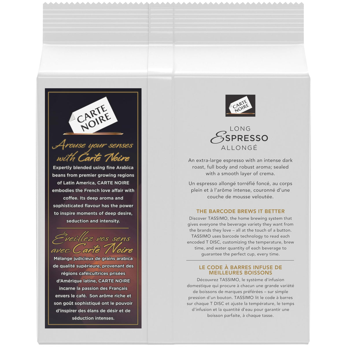 Tassimo Carte Noire Long Espresso packaging closeup highlights Canadian-made origin.