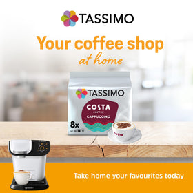 Close-up of Tassimo Costa Cappuccino pod ready for quick brew