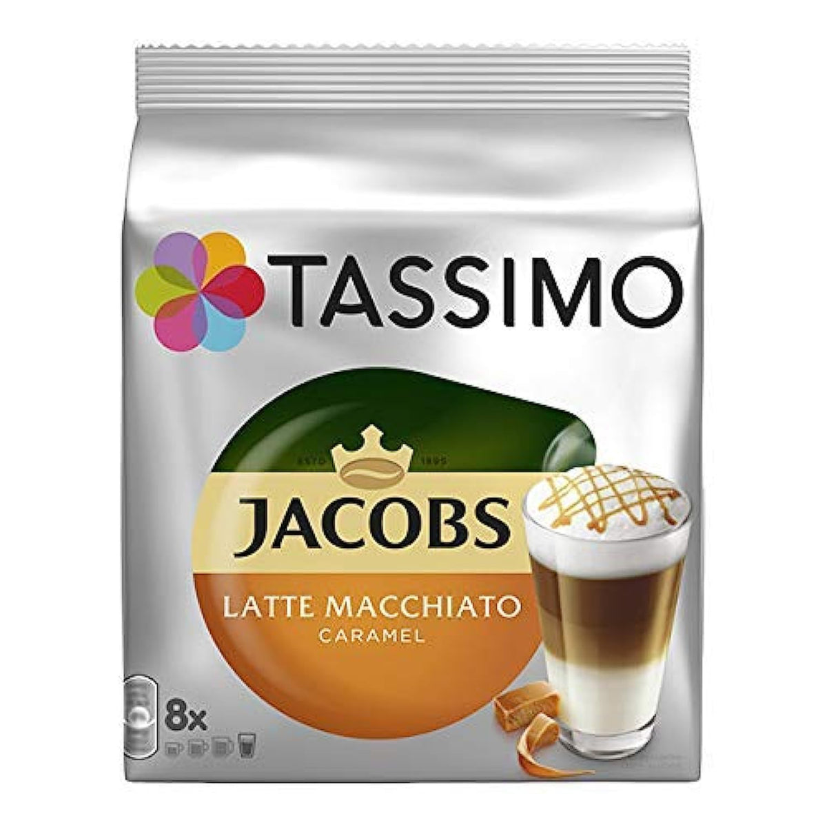 Tassimo Jacobs Latte Macchiato Caramel cup on a home coffee setup, quick café-style treat.