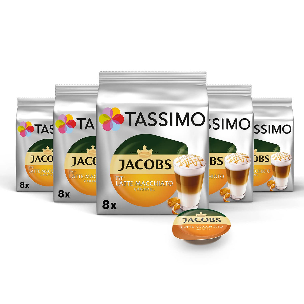 Tassimo Jacobs Latte Macchiato Caramel cup with creamy caramel flavor.