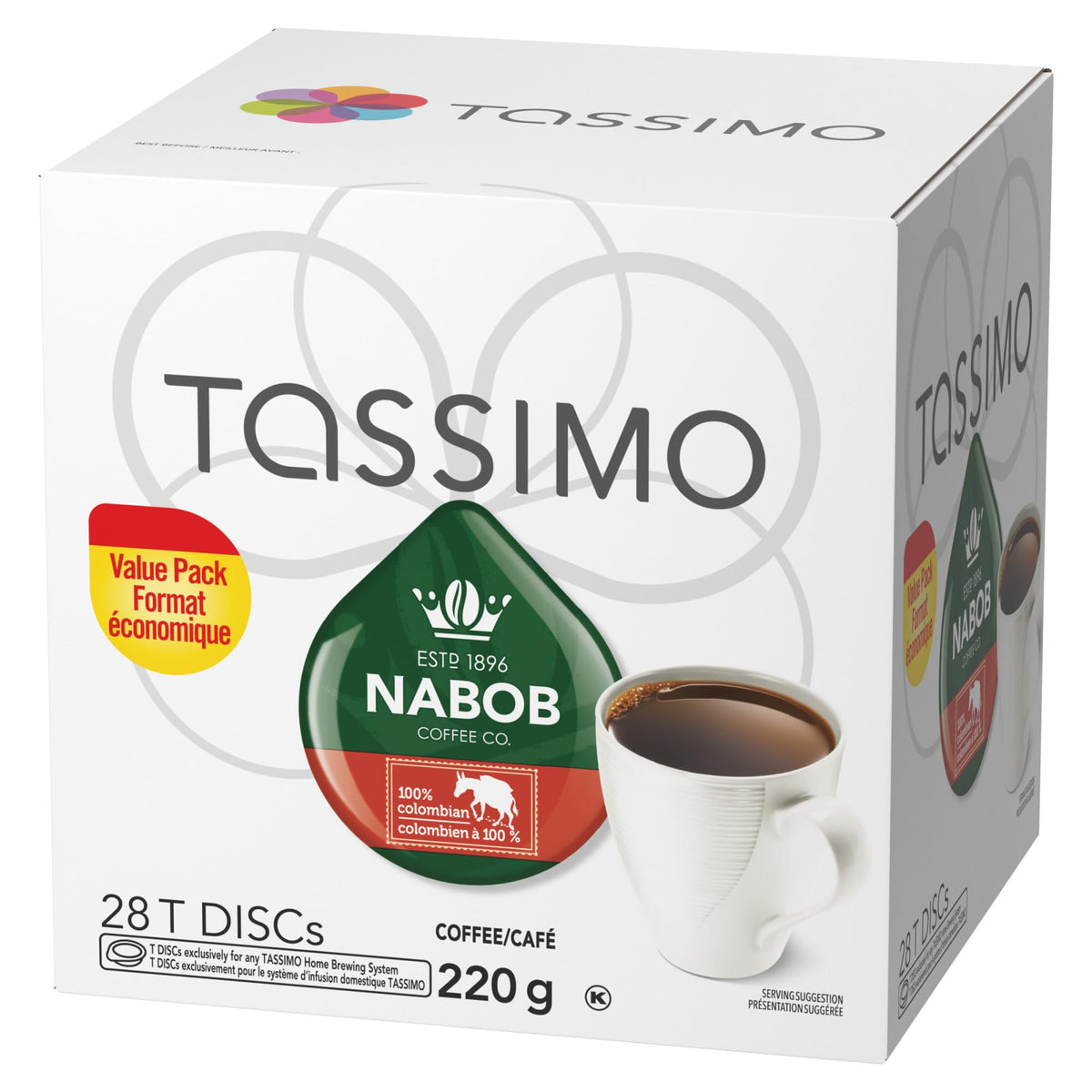 Tassimo Nabob coffee beans close-up hints at 100% Colombian origin and quality.