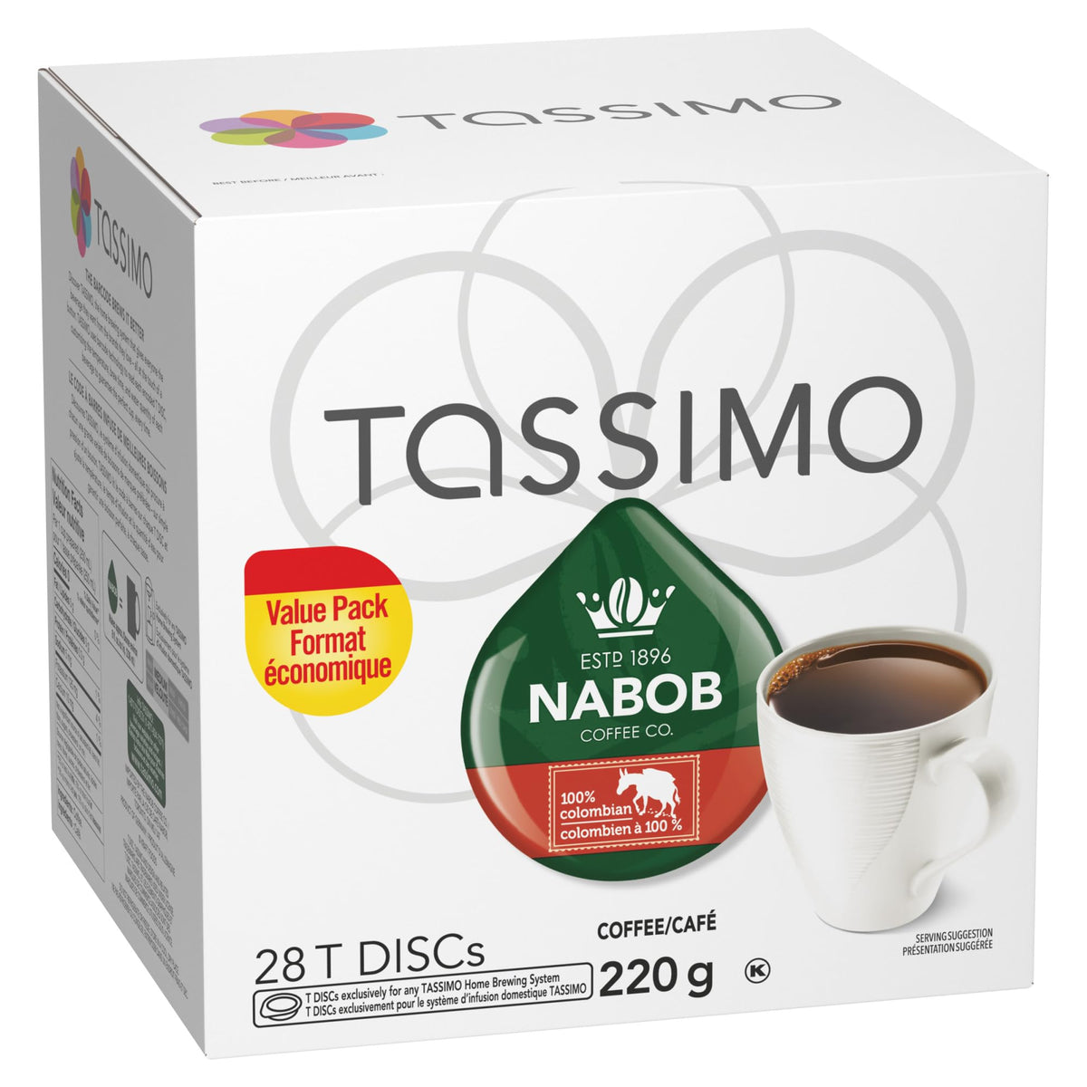Tassimo Nabob steaming cup highlights rich aroma for a comforting morning.