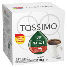 Tassimo Nabob steaming cup highlights rich aroma for a comforting morning.