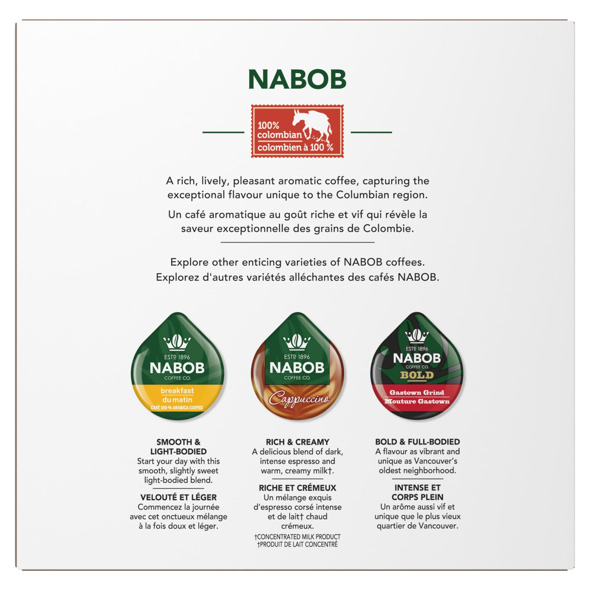 Tassimo Nabob T-Discs front packaging showcases convenient 28-count box.