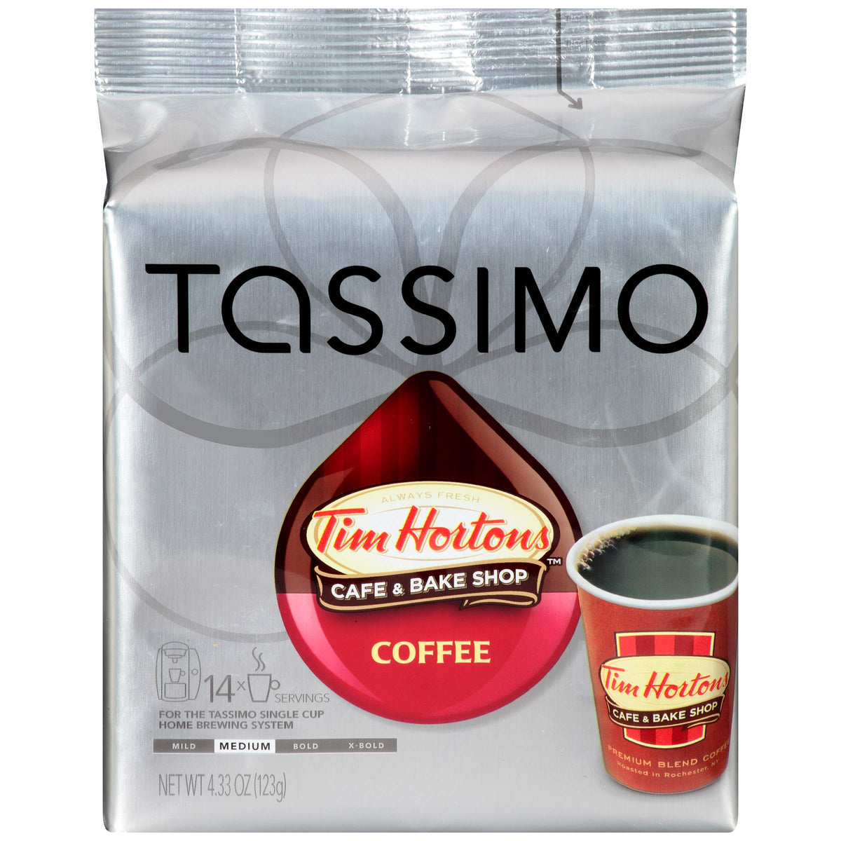 Tim Hortons Tassimo medium roast T-Disc box front for quick morning brew.