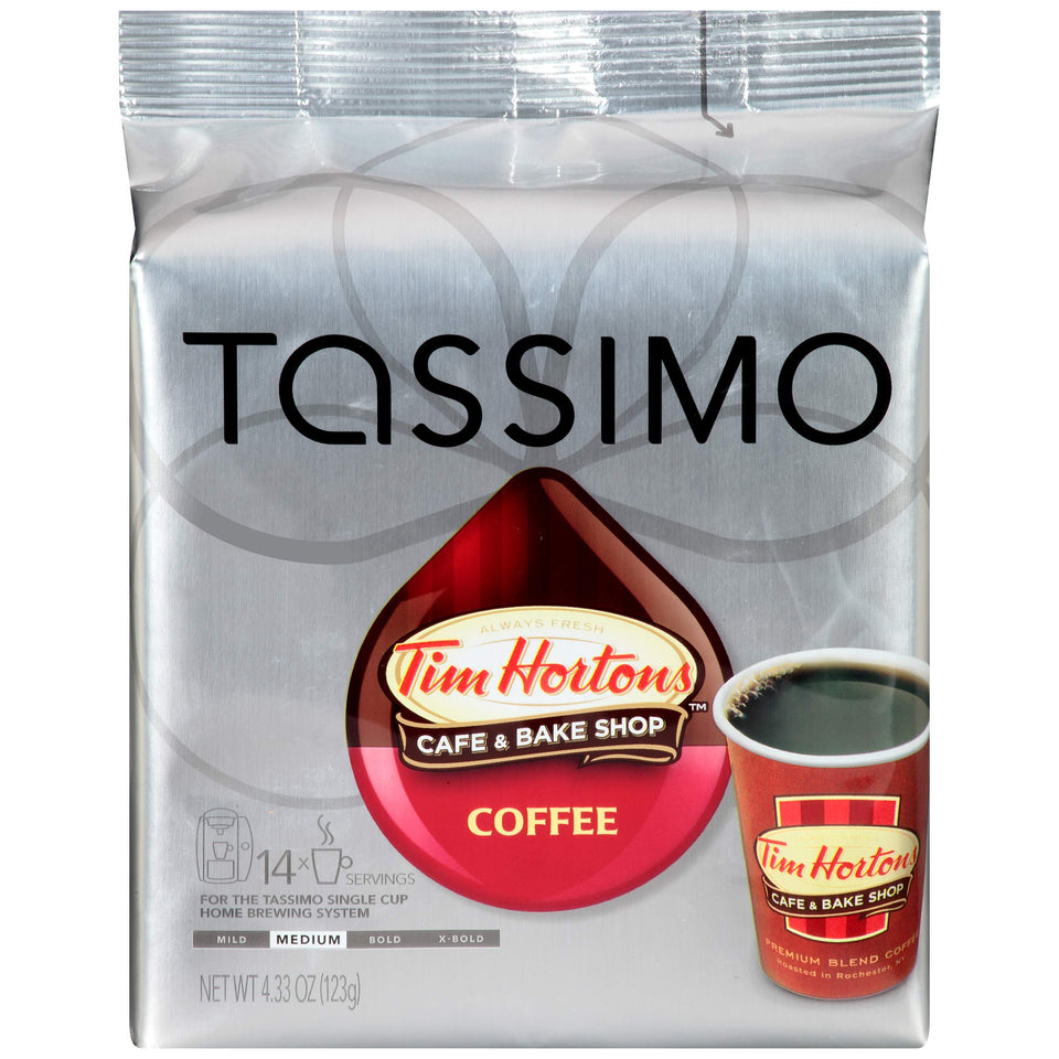 Tim Hortons Tassimo medium roast T-Disc box front for quick morning brew.