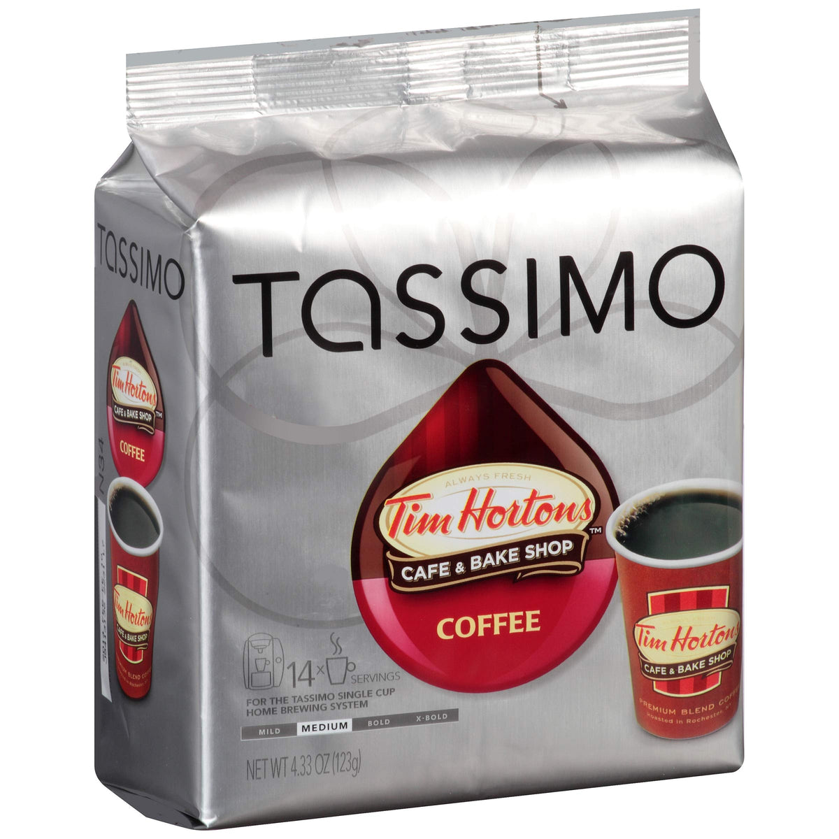 Tassimo machine brewing a Tim Hortons T-Disc for cafe-style coffee.