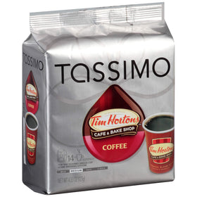 Tassimo machine brewing a Tim Hortons T-Disc for cafe-style coffee.