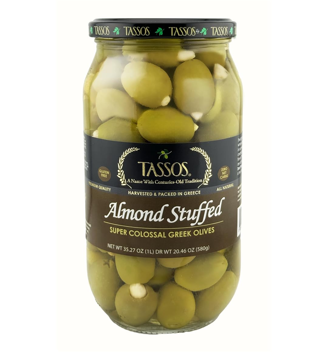 Tassos almond-stuffed Halkidiki olives pack shot with premium almond filling