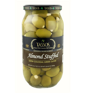 Tassos almond-stuffed Halkidiki olives pack shot with premium almond filling