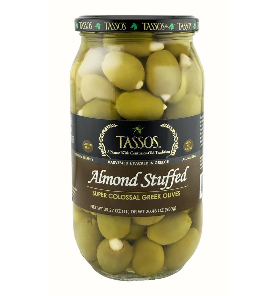 Tassos almond-stuffed Halkidiki olives pack shot with premium almond filling
