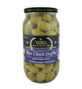 Tassos blue cheese stuffed colossal olive jar adds bold Greek flavor for snacks and entertaining.