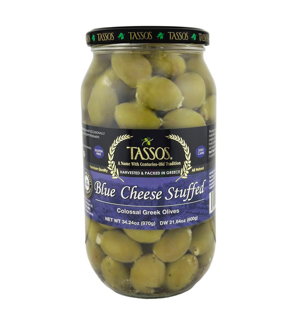 Tassos blue cheese stuffed colossal olive jar adds bold Greek flavor for snacks and entertaining.