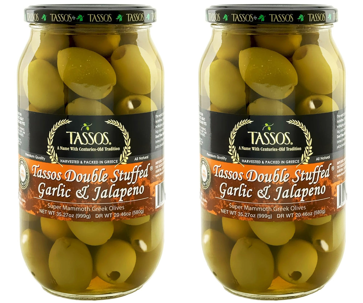Tassos double stuffed olives jar front view, perfect snack for entertaining