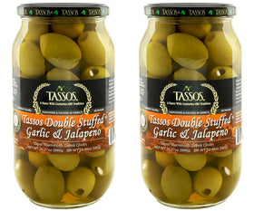 Tassos double stuffed olives jar front view, perfect snack for entertaining
