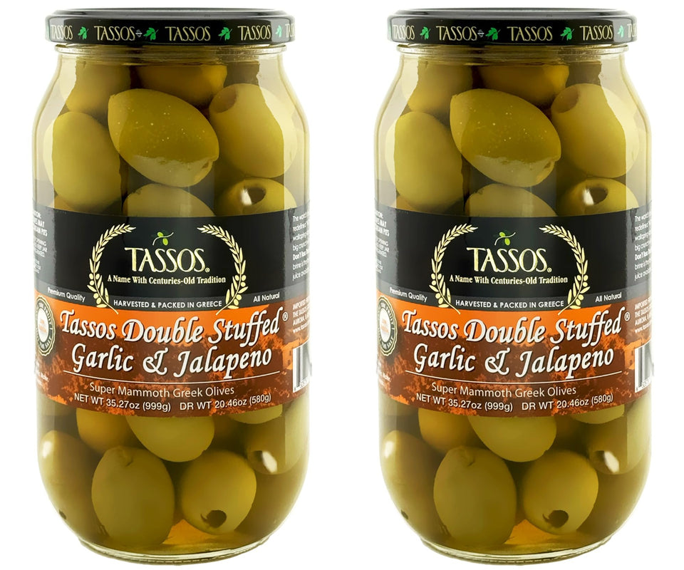 Tassos double stuffed olives jar front view, perfect snack for entertaining