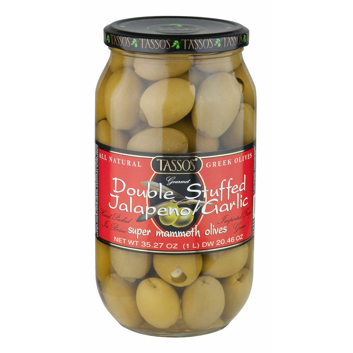 Tassos Double Stuffed Jalapeno and Garlic Olives, ideal snack with drinks and balanced flavor.