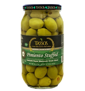 Tassos Pimiento stuffed mammoth olives in a jar, bold Mediterranean flavor ready to serve.
