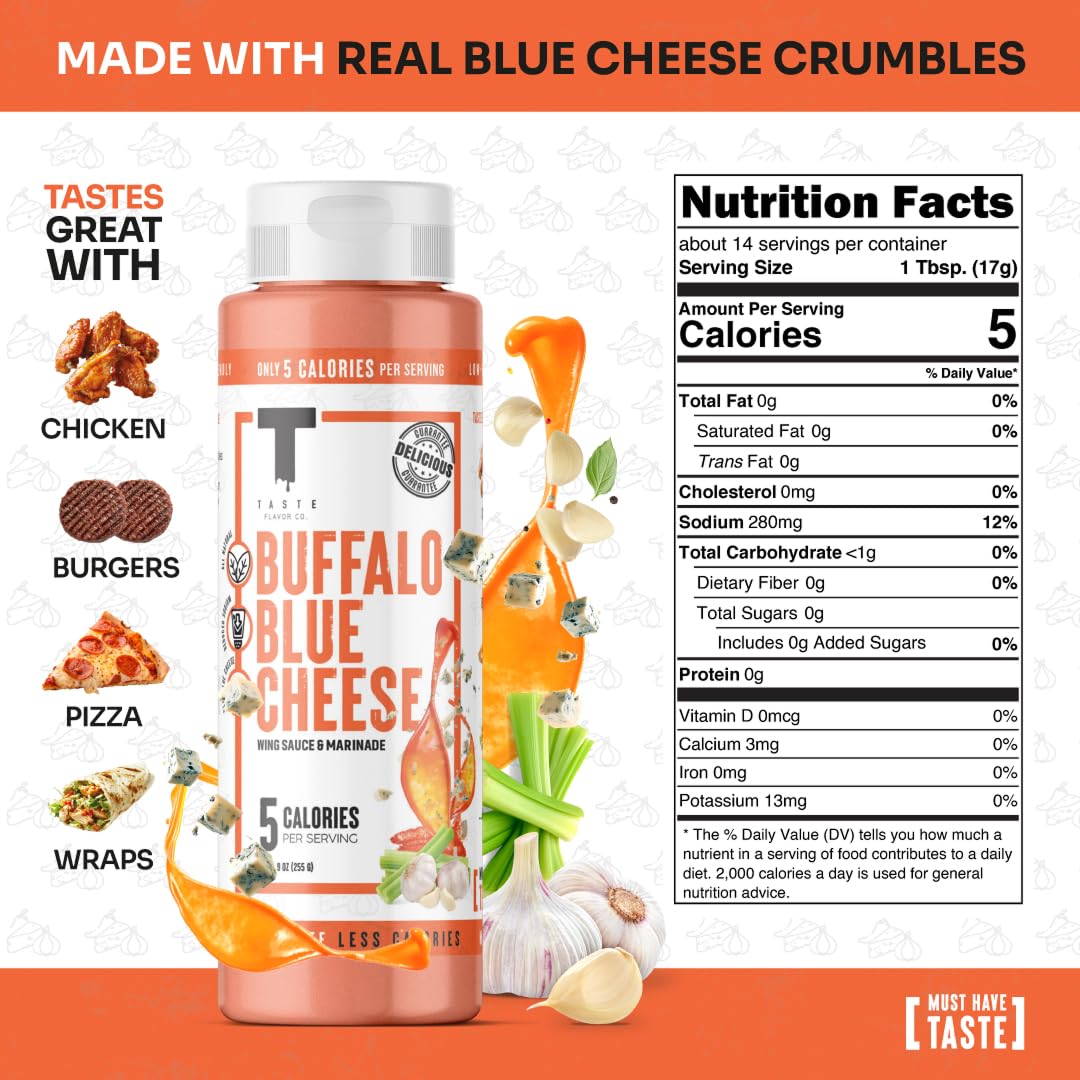 Taste Flavor Co. Buffalo Blue Cheese pour – smooth drizzle ideal for dipping and finishing wings.