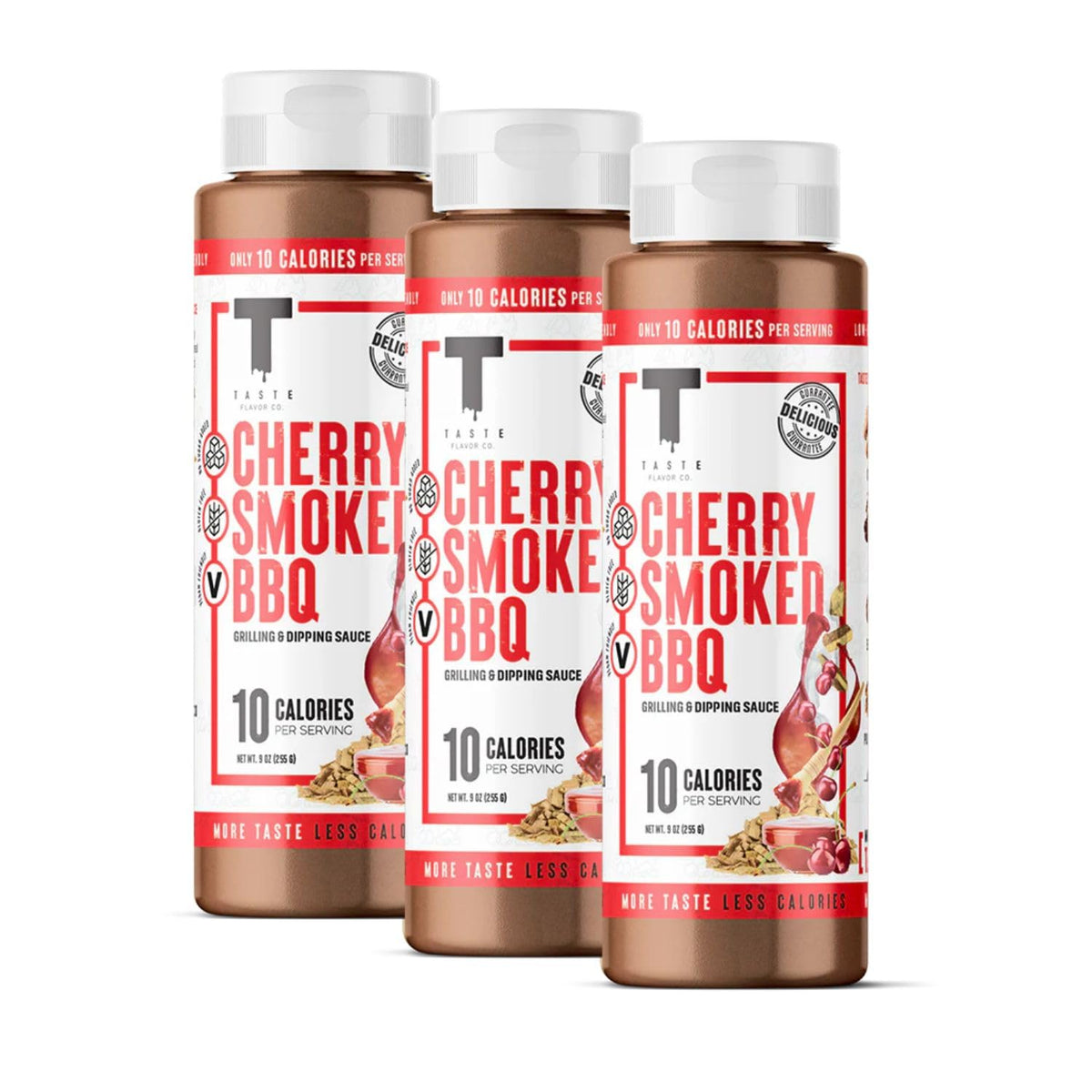 Taste Flavor Co. Cherry Smoked BBQ bottle pouring to enhance grilled meals.