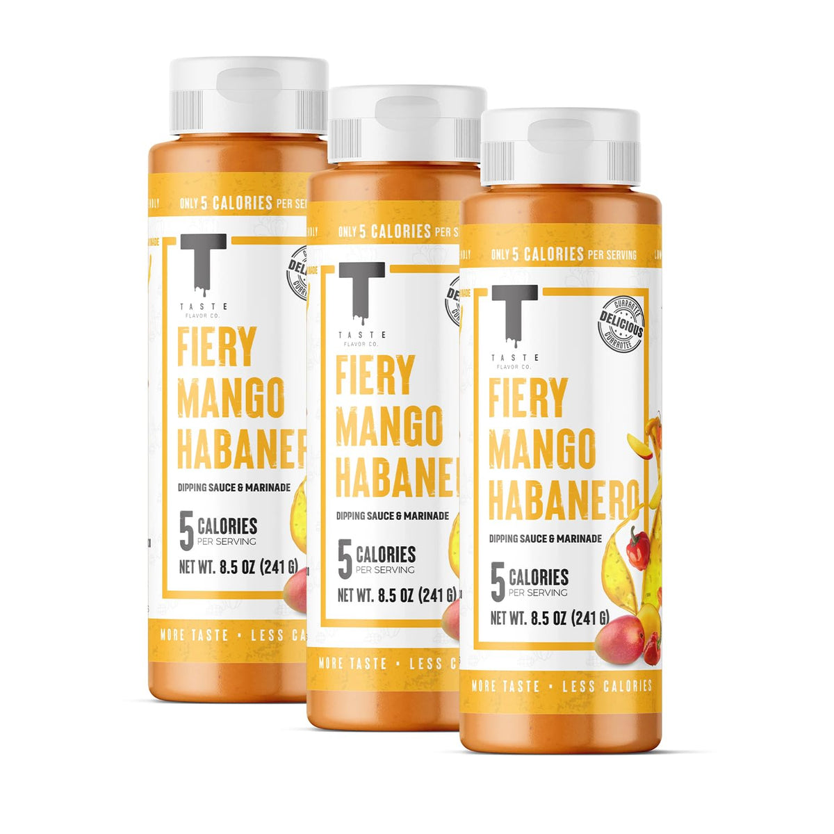 Taste Flavor Co Fiery Mango Habanero bottle pour showing bold heat and quick flavor boost