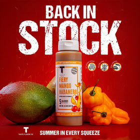 Taste Flavor Co. Fiery Mango Habanero bottle ready for quick meal prep.