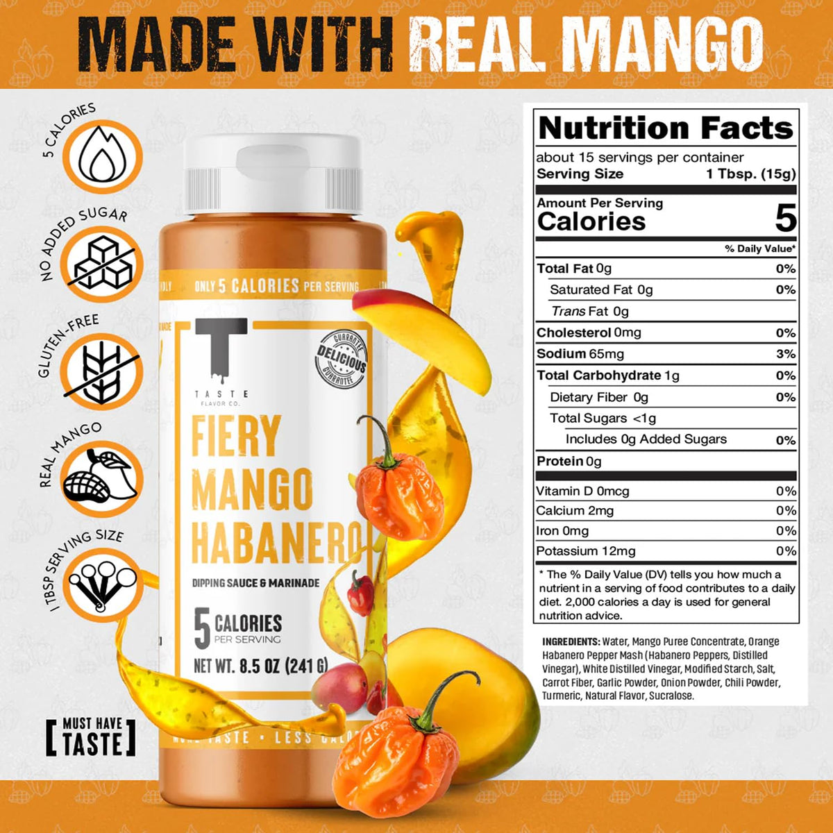 Taste Flavor Co Fiery Mango Habanero label closeup highlights keto-friendly sauce