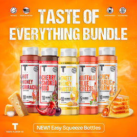 Taste Flavor Co. sauce label highlights 10 calories per serving for keto-friendly meals.