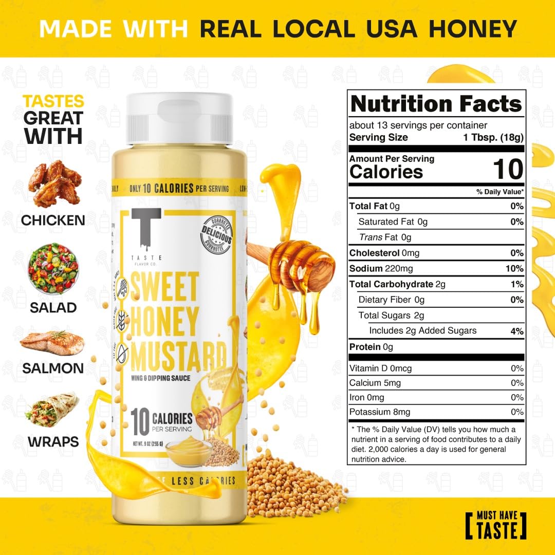 Taste Flavor Co. Sweet Honey Mustard dipping sauce shows versatile dipping options for snacks.