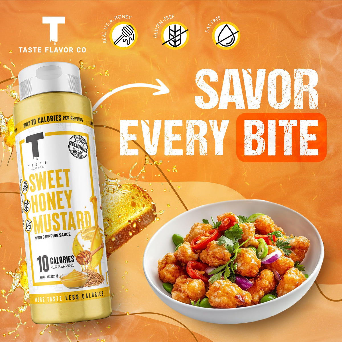 Taste Flavor Co. Sweet Honey Mustard grilling glaze emphasizes keto-friendly, oil-free flavor.