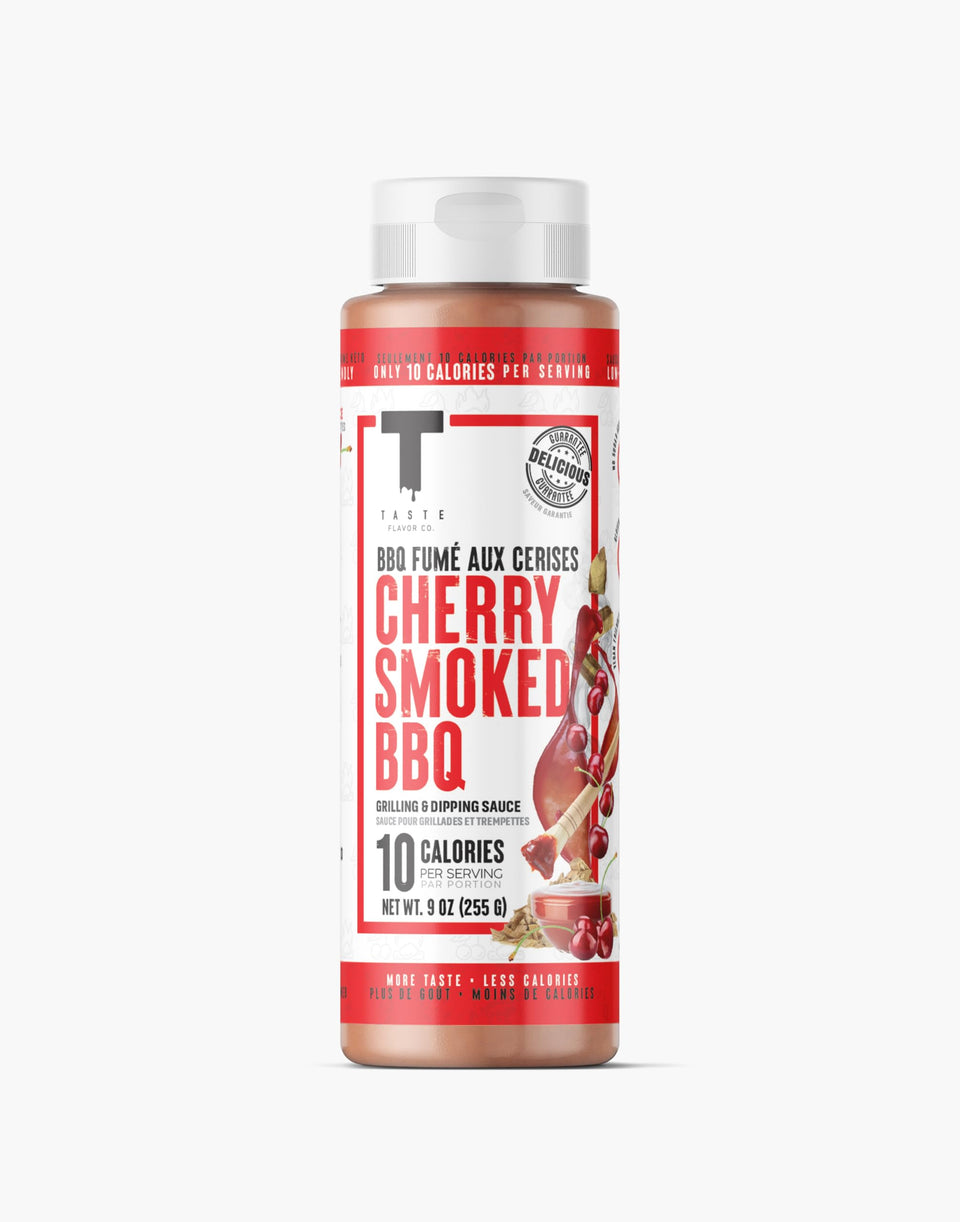 Taste Flavor Co. wing sauce bottle showcasing cherry smoked BBQ flavor for keto-friendly meals.
