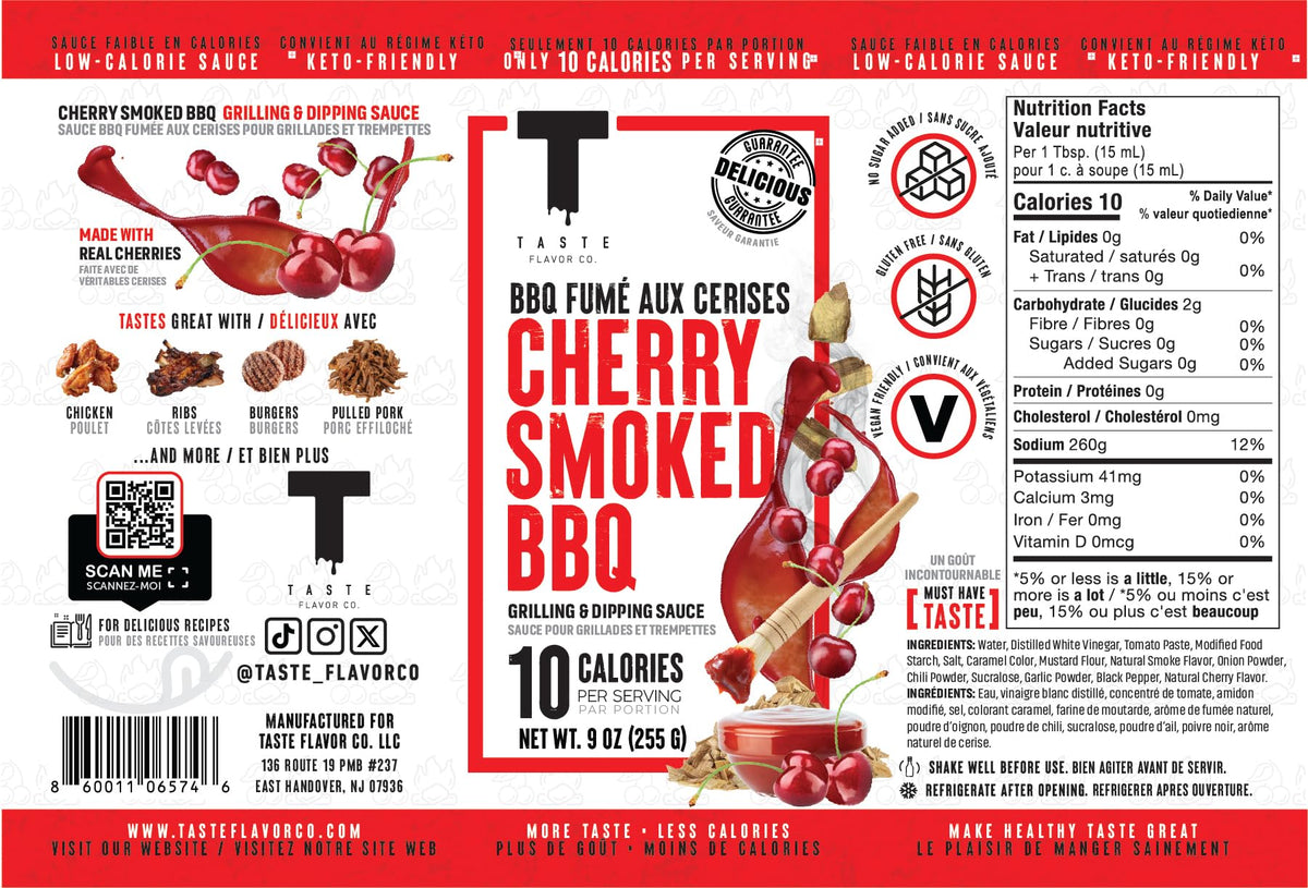 Taste Flavor Co. cherry smoked BBQ glaze on wings highlighting bold, low-calorie flavor.