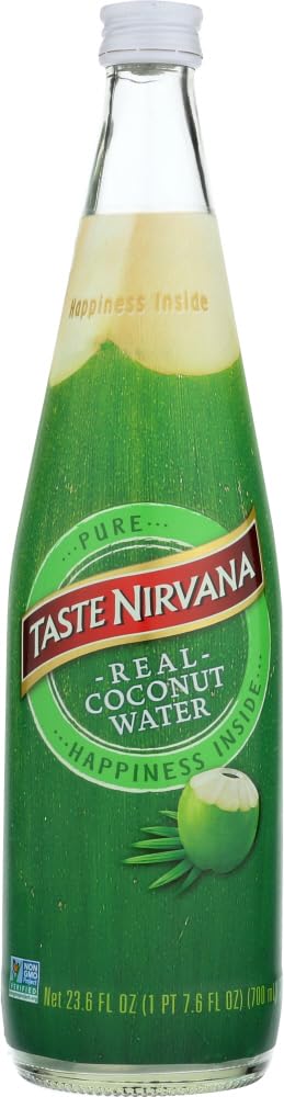Taste Nirvana coconut water 23.6 oz bottle front view, naturally refreshing hydration.