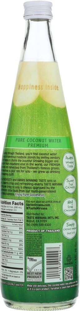 Taste Nirvana coconut water label closeup, showcasing Thai young coconut flavor.