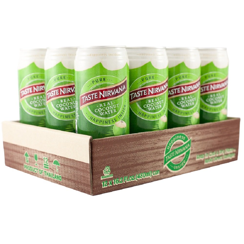 Taste Nirvana Real Coconut Water can pack on display for convenient hydration.