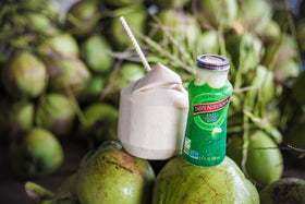 Taste Nirvana Real Coconut Water pulp trace visible, shake well before drinking.