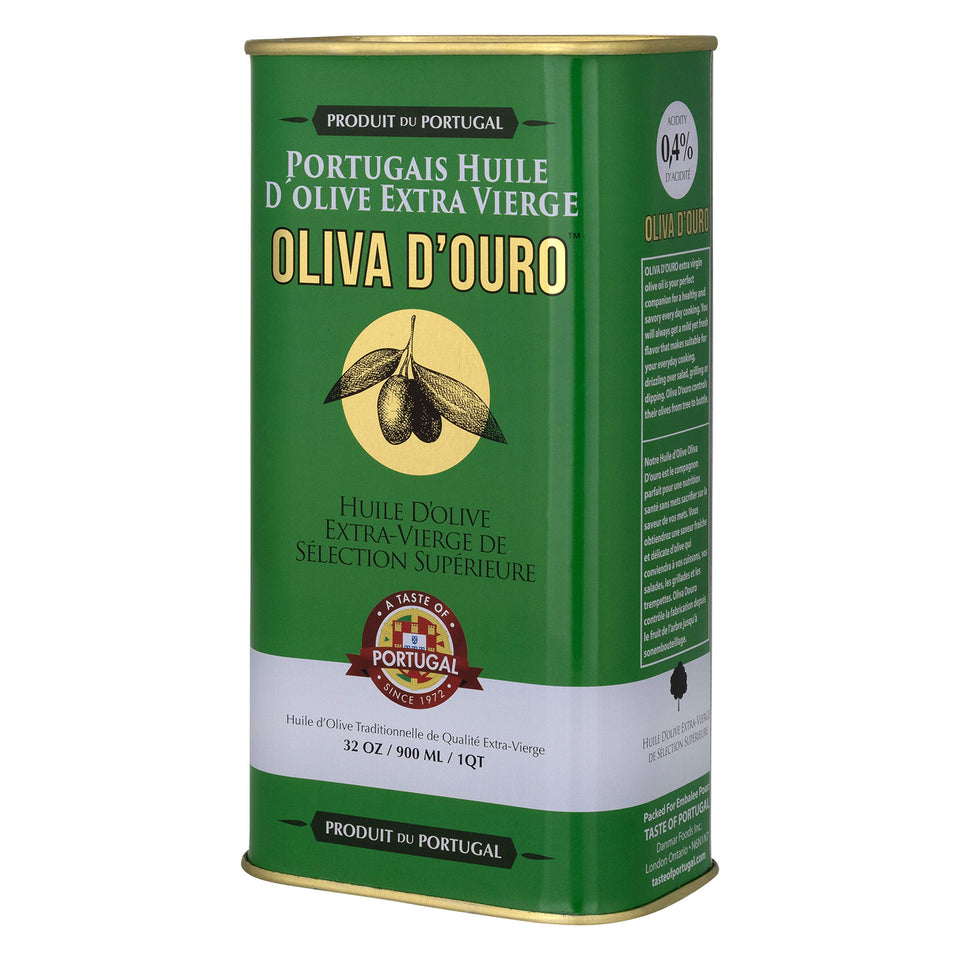 Taste of Portugal premium olive oil can pour—smooth, low-acidity EVOO for dressings.