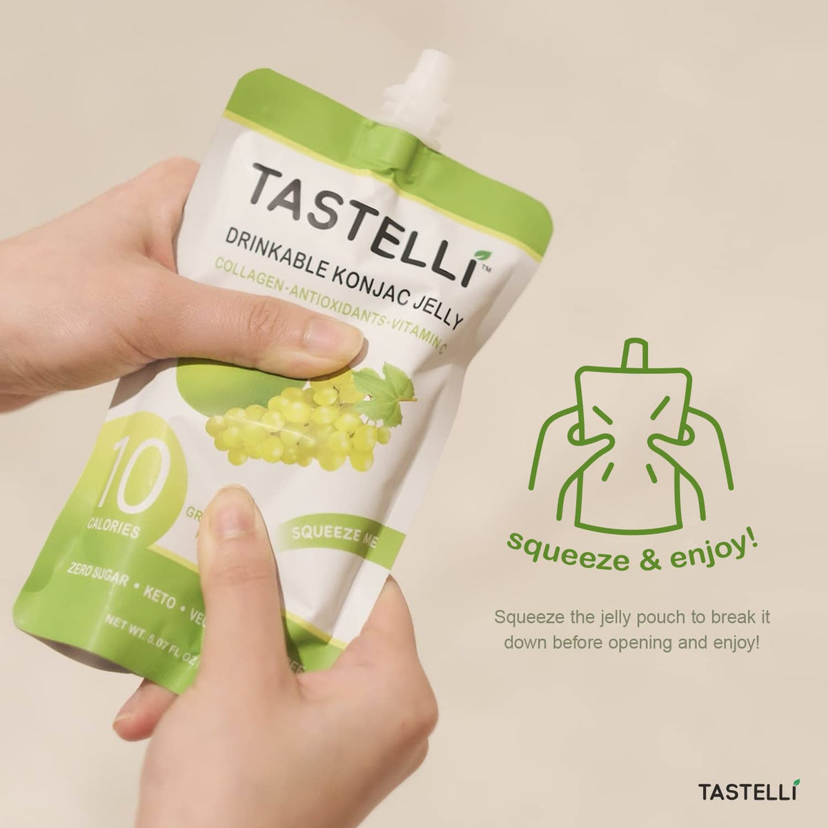 Nutrition label on Tastelli Konjac Jelly bottle highlights collagen and vitamin C benefits.