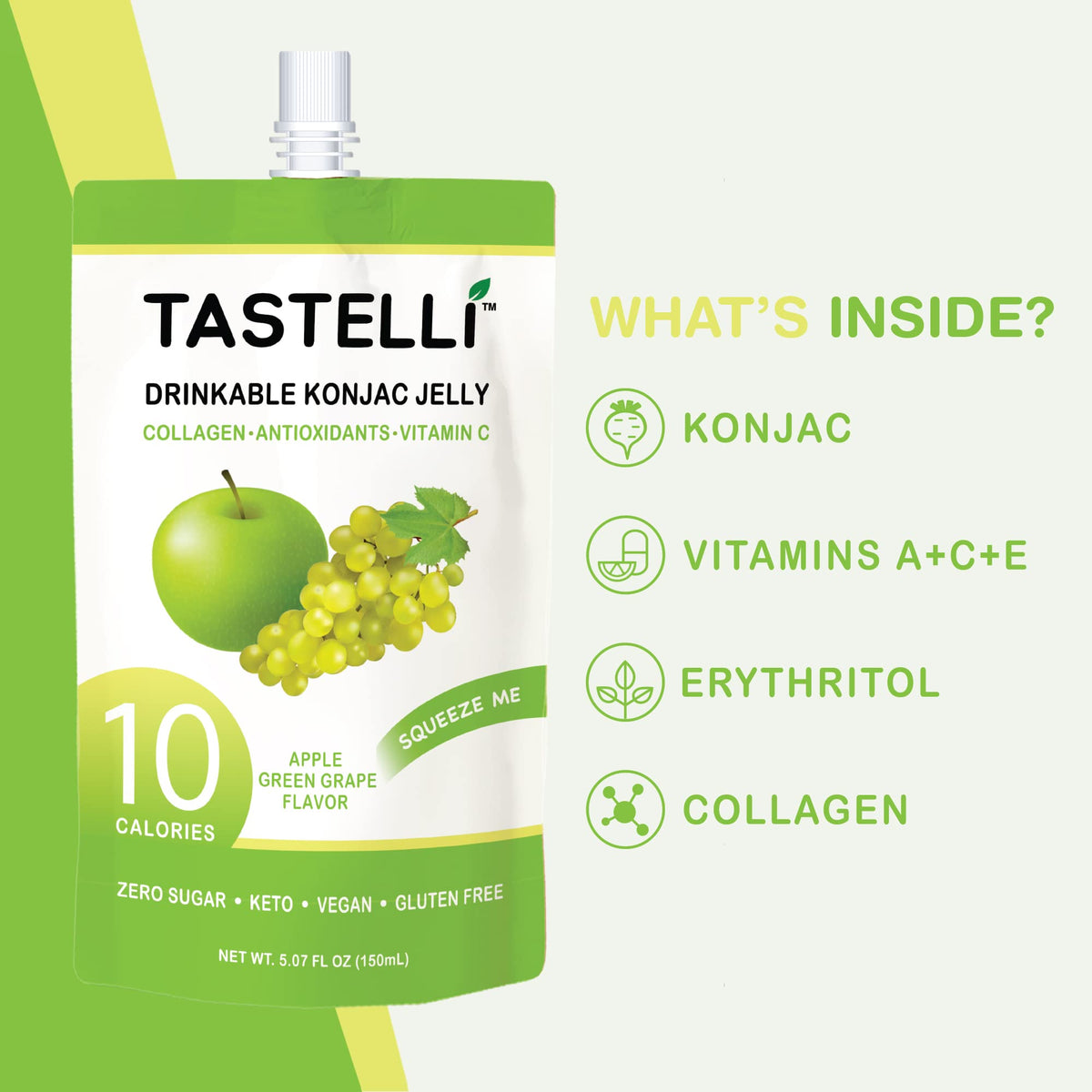 Tastelli Konjac Jelly pouch squeeze for convenient on-the-go snacking with zero sugar.