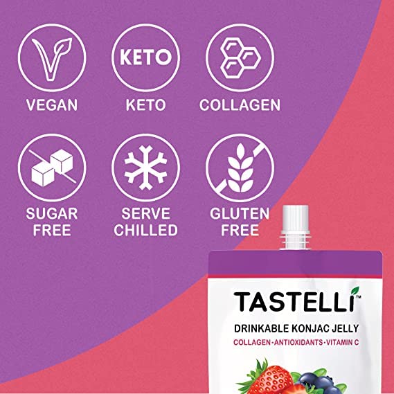 Tastelli Konjac Jelly Collagen bottle graphic emphasizes collagen and vitamin C infusion.