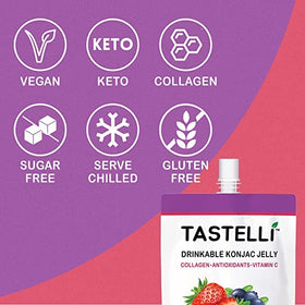 Tastelli Konjac Jelly Collagen bottle graphic emphasizes collagen and vitamin C infusion.