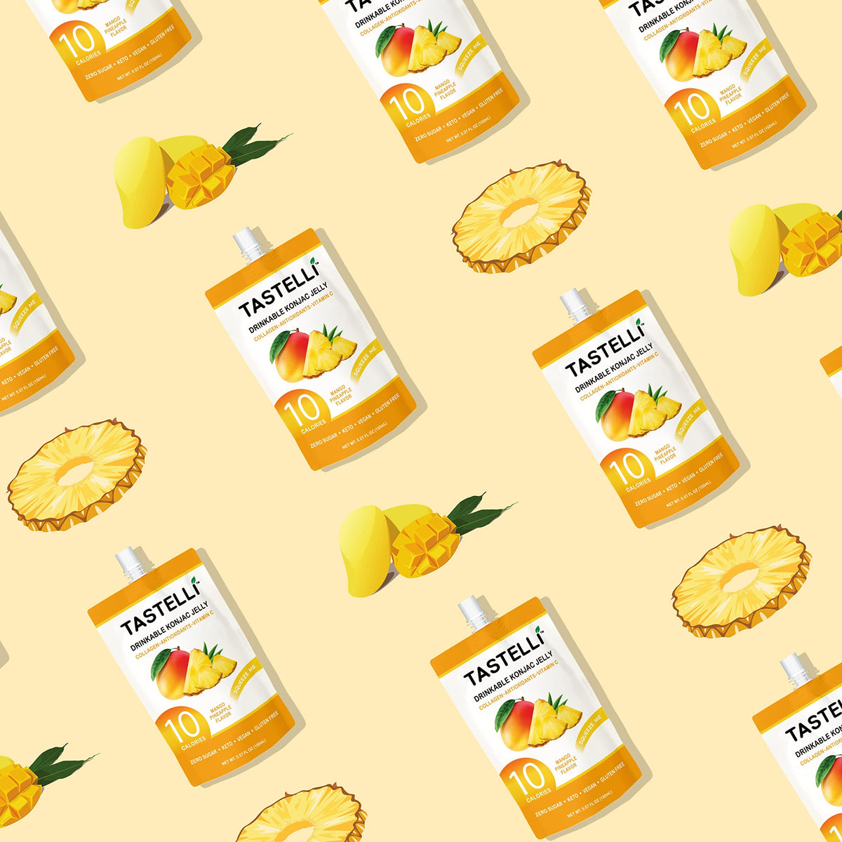 Tastelli Konjac Jelly Collagen Mango Pineapple front-pack, travel-ready packaging.