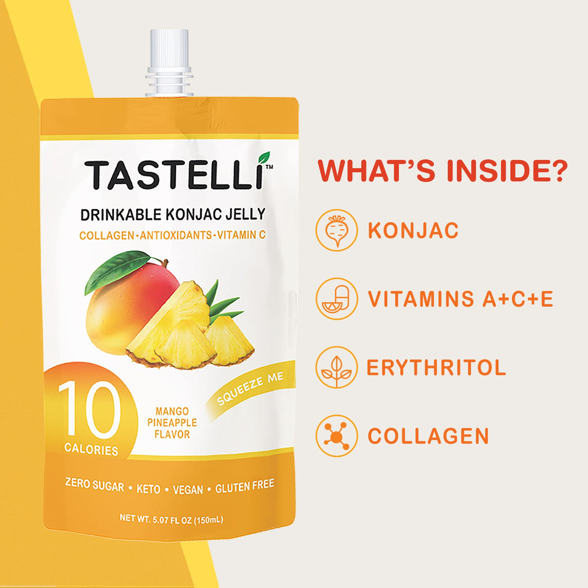 Tastelli Konjac Jelly Collagen Mango Pineapple pouch closed, grab-and-go treat.