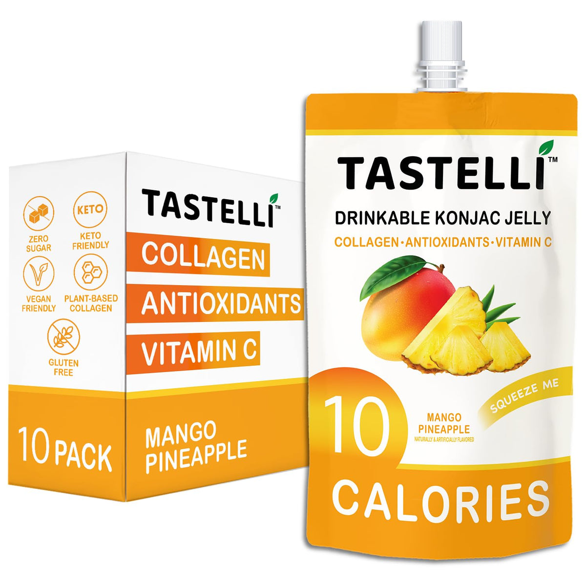 Tastelli Konjac Jelly Collagen Mango Pineapple pouch open, on-the-go snack ready.