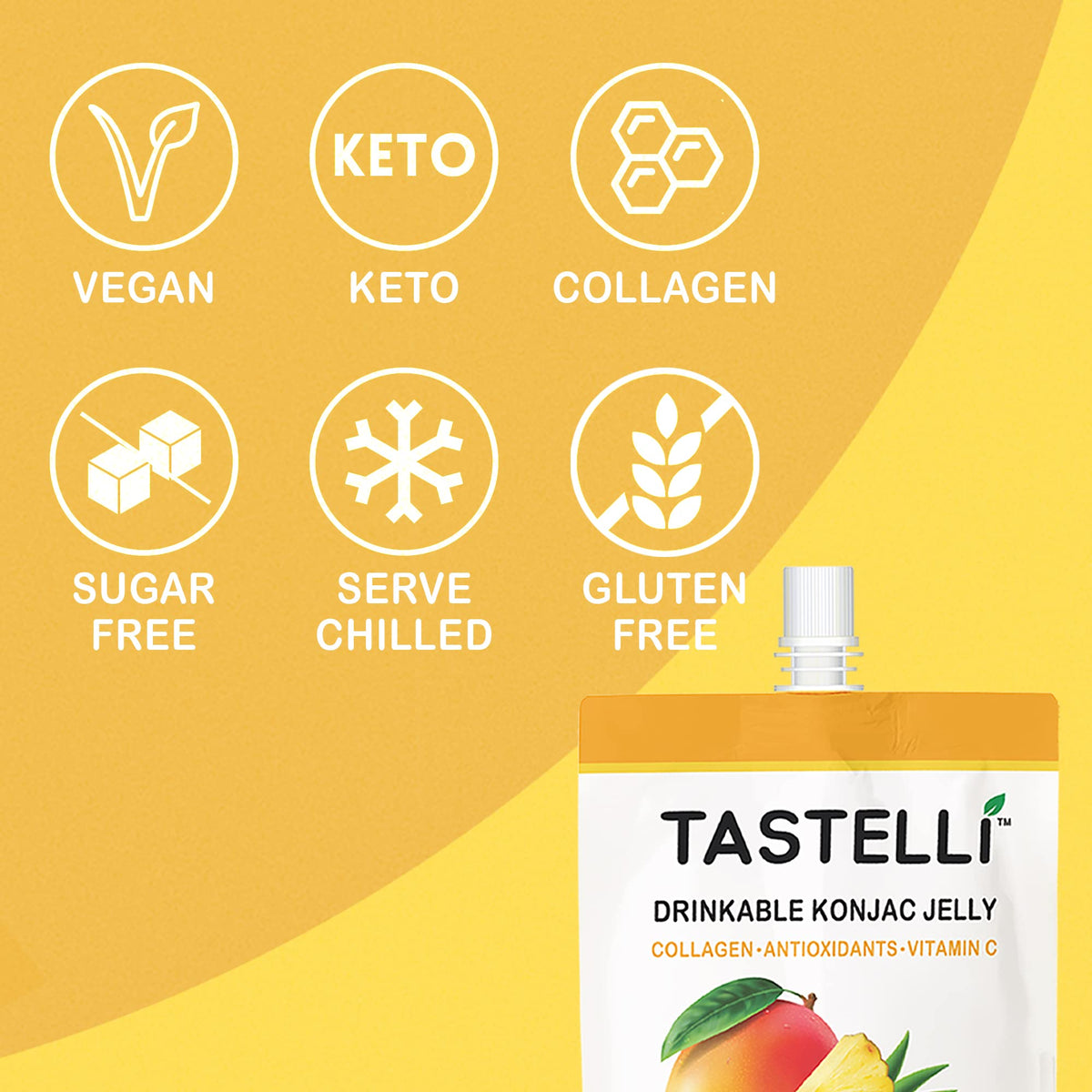 Tastelli Konjac Jelly Collagen Mango Pineapple pour, refreshing zero-sugar flavor.