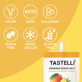 Tastelli Konjac Jelly Collagen Mango Pineapple pour, refreshing zero-sugar flavor.