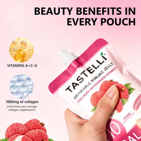 Tastelli Konjac Jelly collagen and vitamin C close-up highlighting added ingredients.
